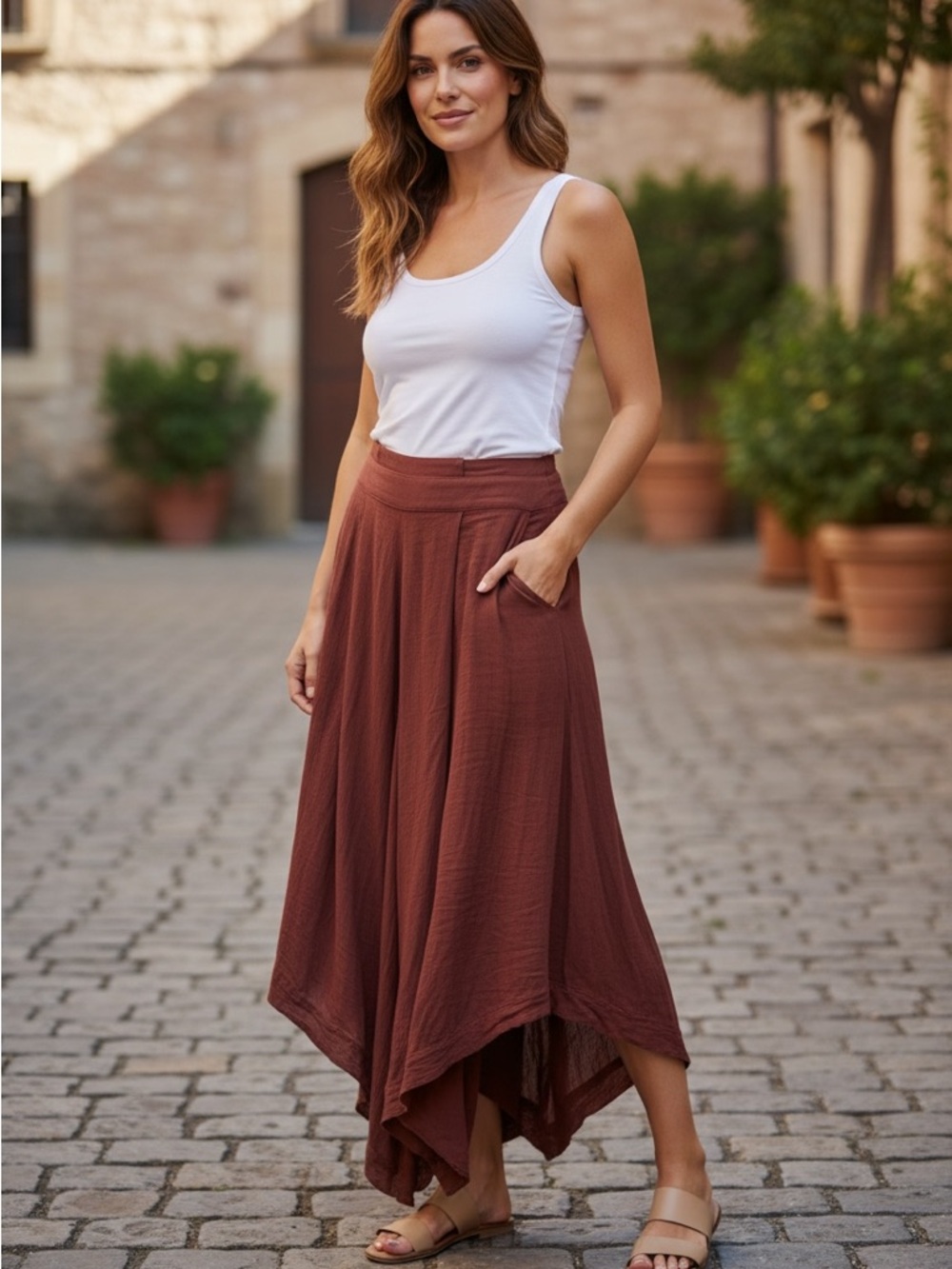 FREE PEOPLE CROP WIDE LEG HANKER-CHIEF HEM FLOWY PANTS SZ LARGE
